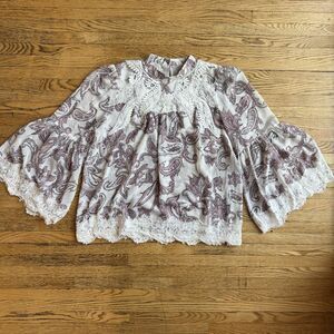 Loft Blouse Womens Medium Romantic Boho Chic Bell Sleeves Peasant Lace Sheer Top